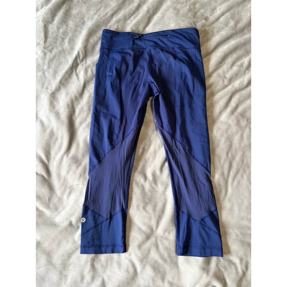 Lululemon Speed Up Crop Leggings Blue Mesh Panel Running Pants Side Pockets 21in - Picture 2 of 4